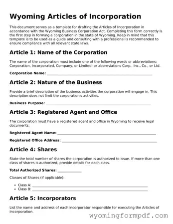 Free Articles of Incorporation Form for Wyoming State