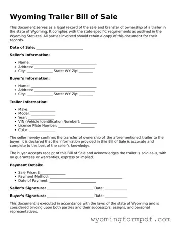 Free Trailer Bill of Sale Form for Wyoming State