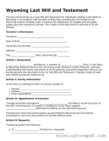 Free Last Will and Testament Form for Wyoming State