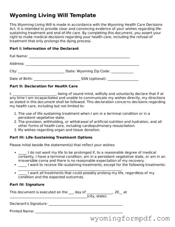 Free Living Will Form for Wyoming State