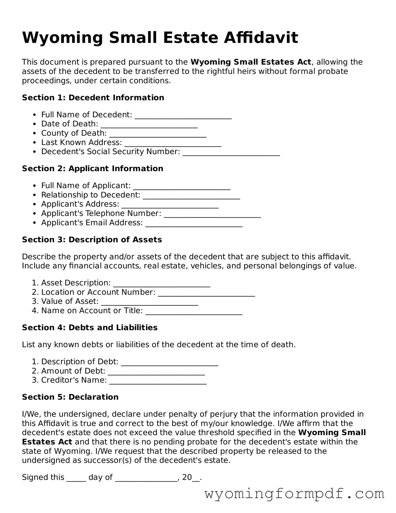 Free Small Estate Affidavit Form for Wyoming State