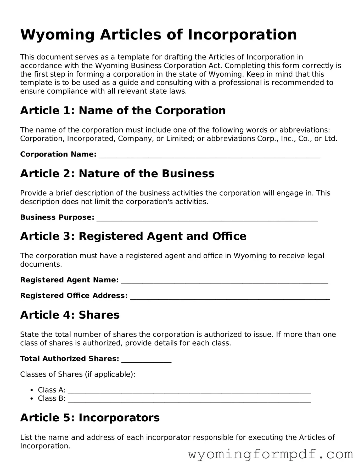 Free Articles of Incorporation Form for Wyoming State