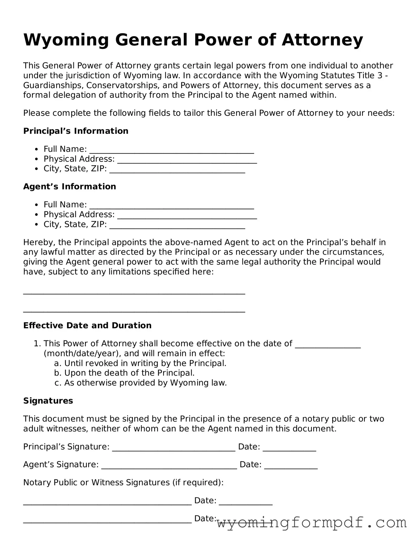 Free General Power of Attorney Form for Wyoming State