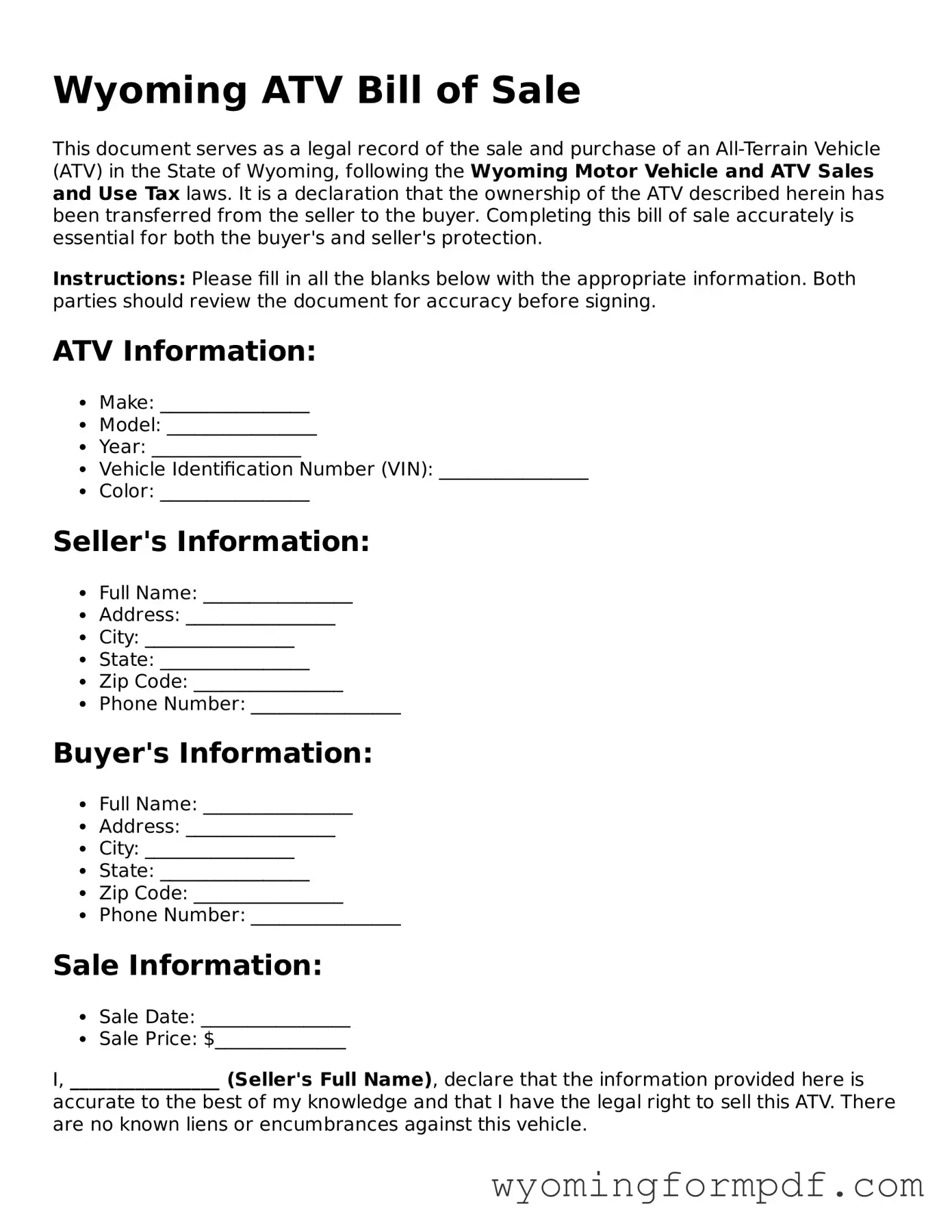 Free ATV Bill of Sale Form for Wyoming State