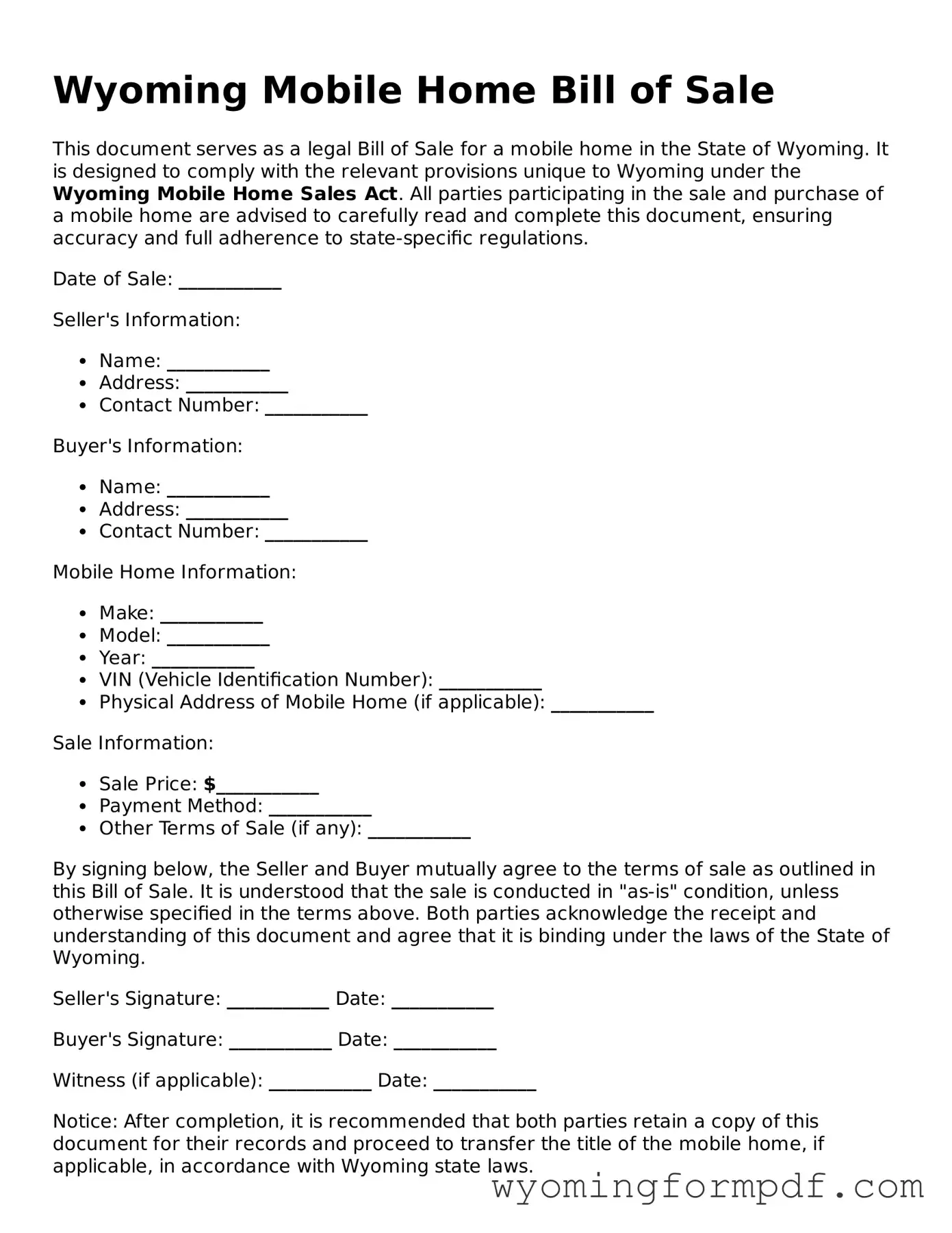 Free Mobile Home Bill of Sale Form for Wyoming State