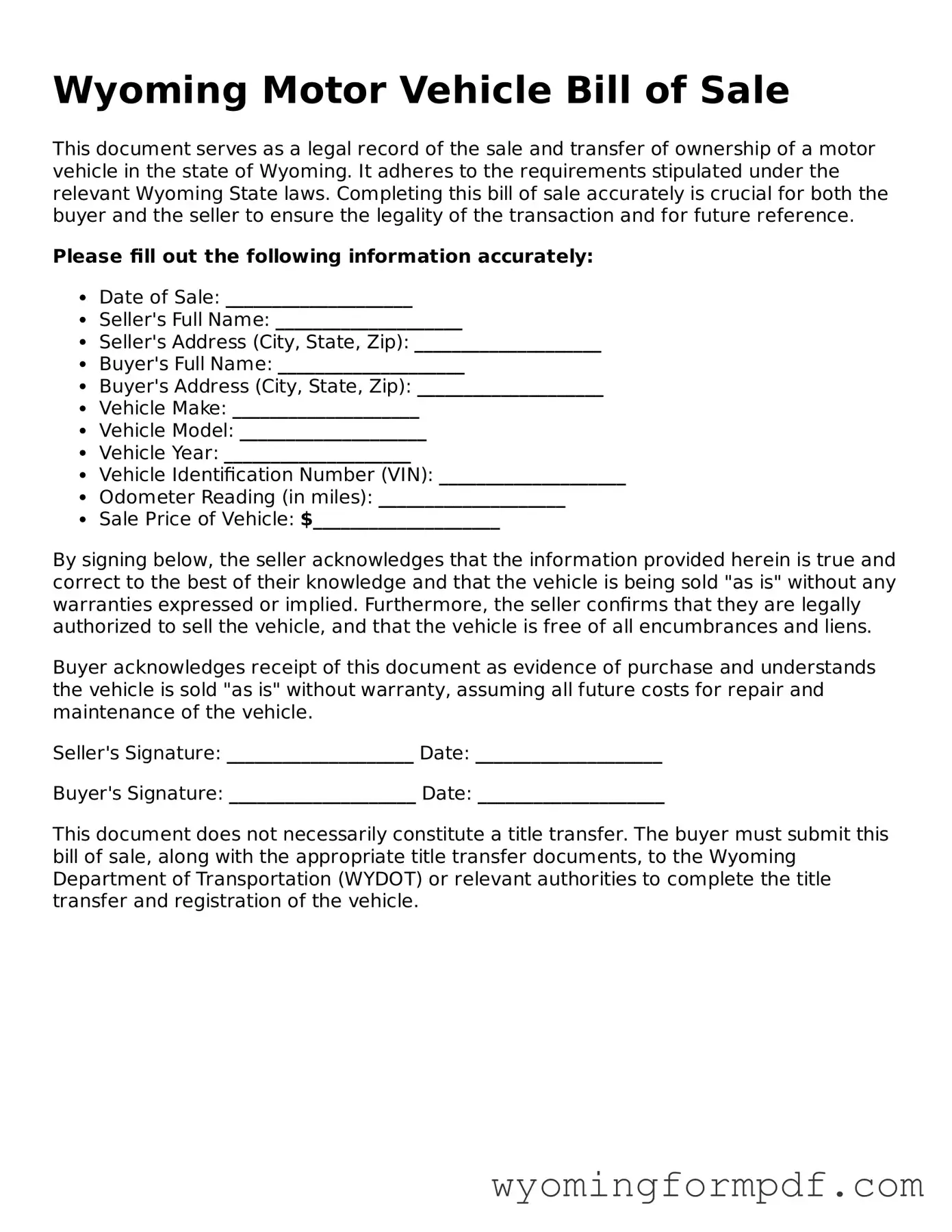 Free Motor Vehicle Bill of Sale Form for Wyoming State