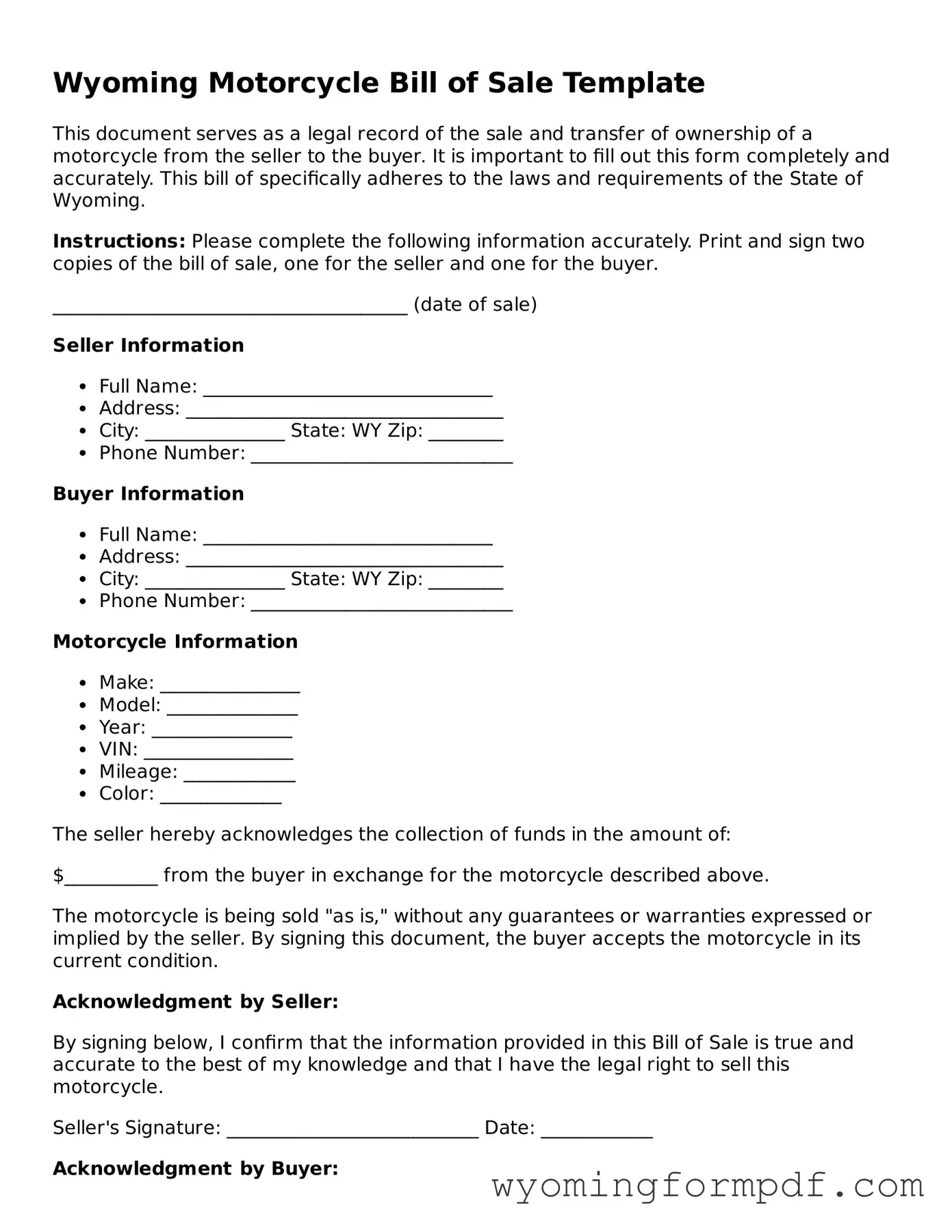 Free Motorcycle Bill of Sale Form for Wyoming State