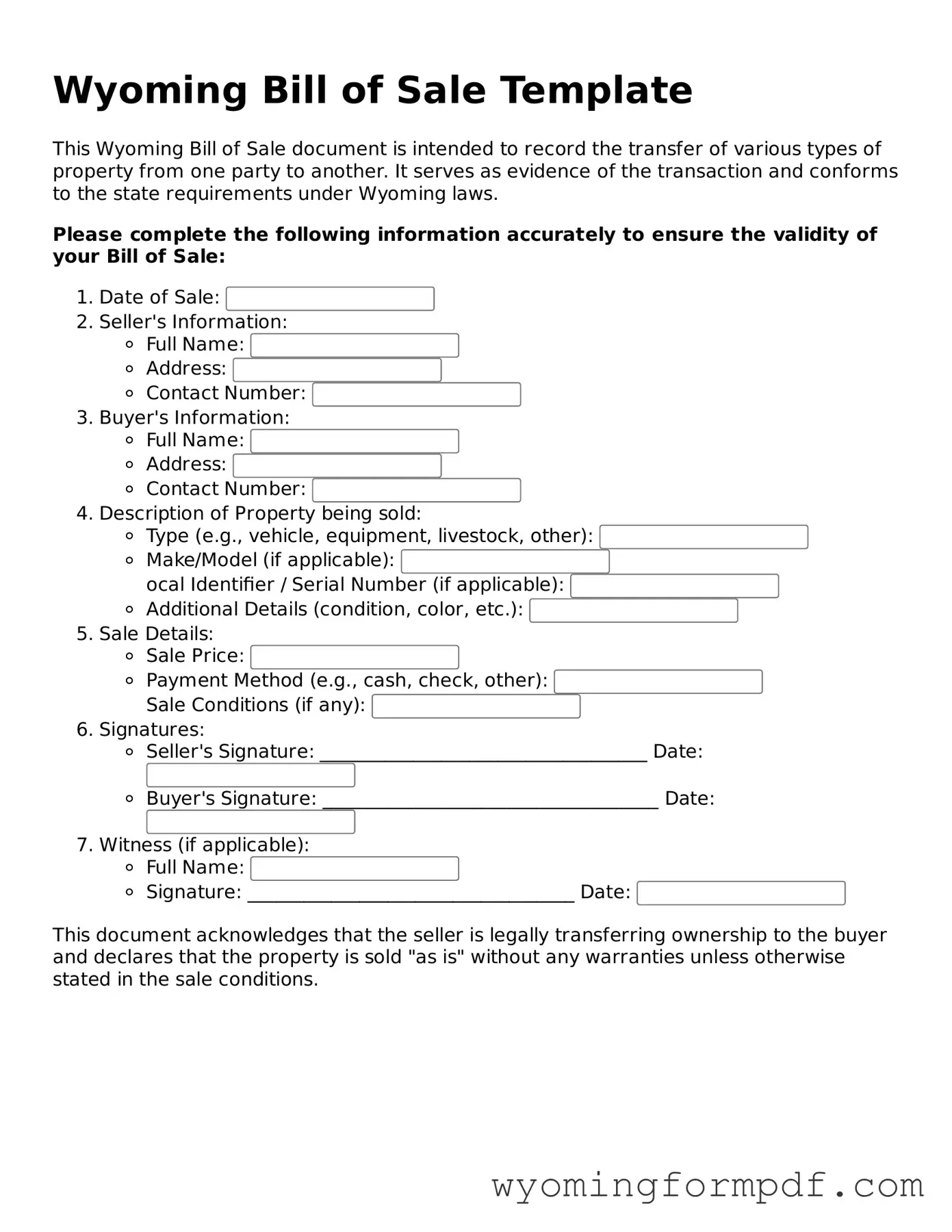 Free Bill of Sale Form for Wyoming State