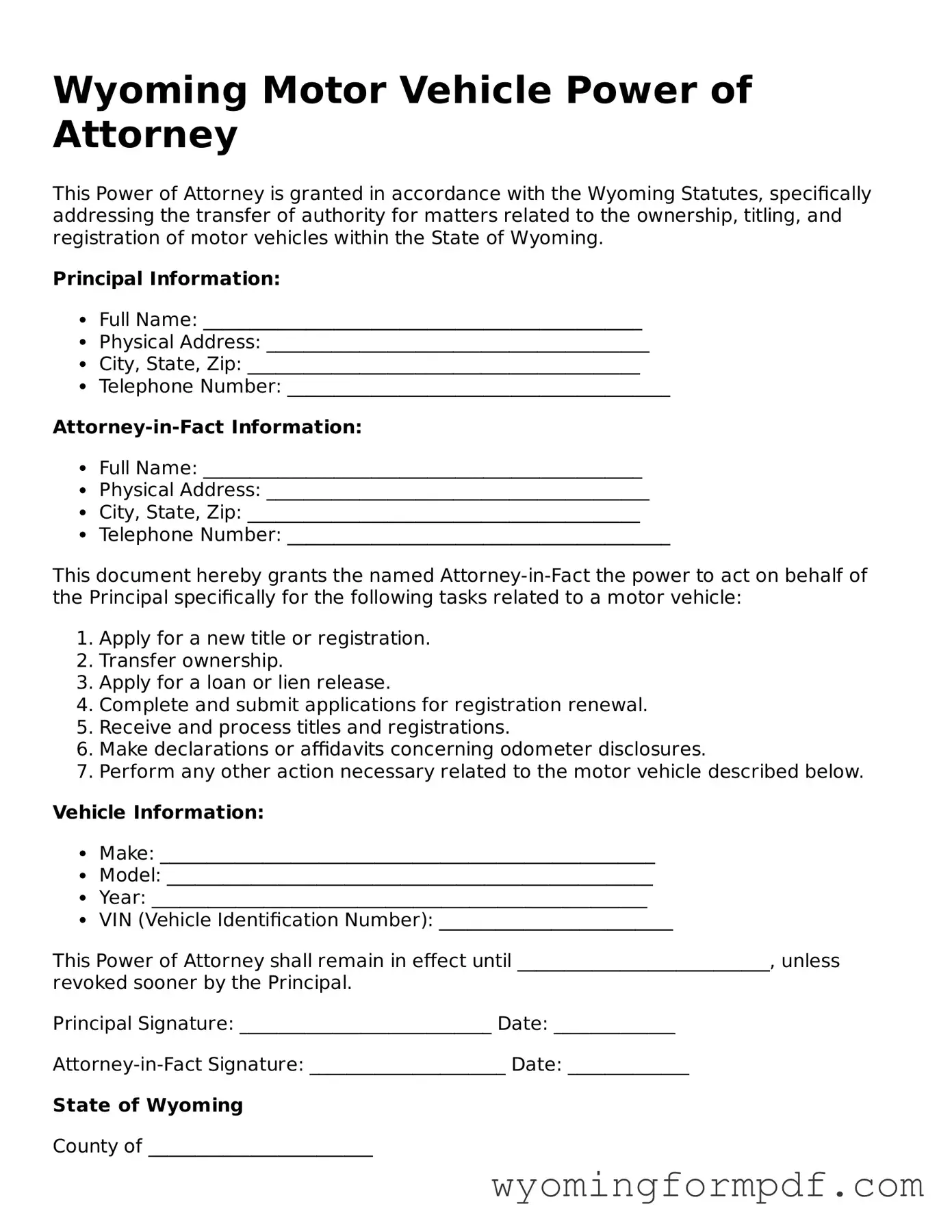 Free Motor Vehicle Power of Attorney Form for Wyoming State