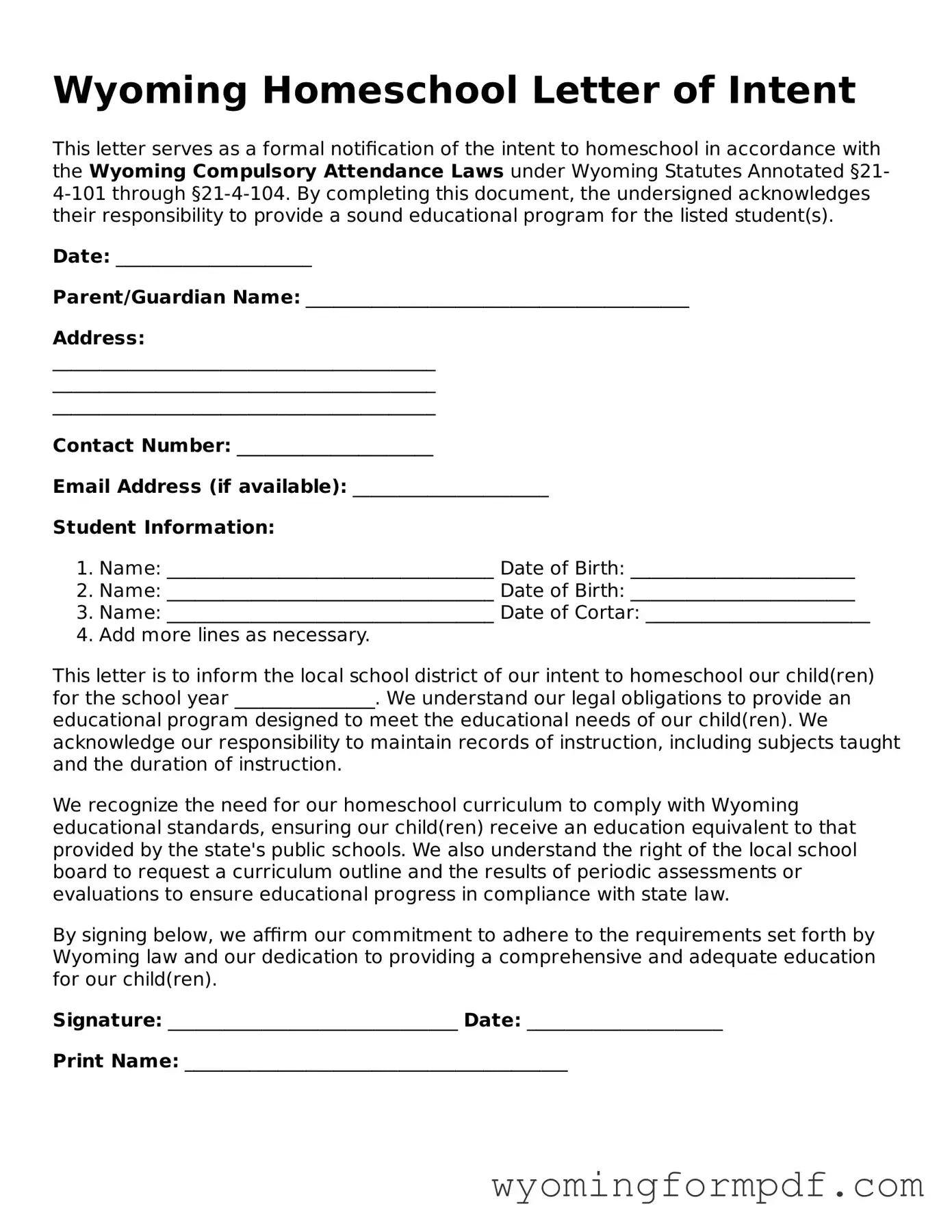 Free Homeschool Letter of Intent Form for Wyoming State