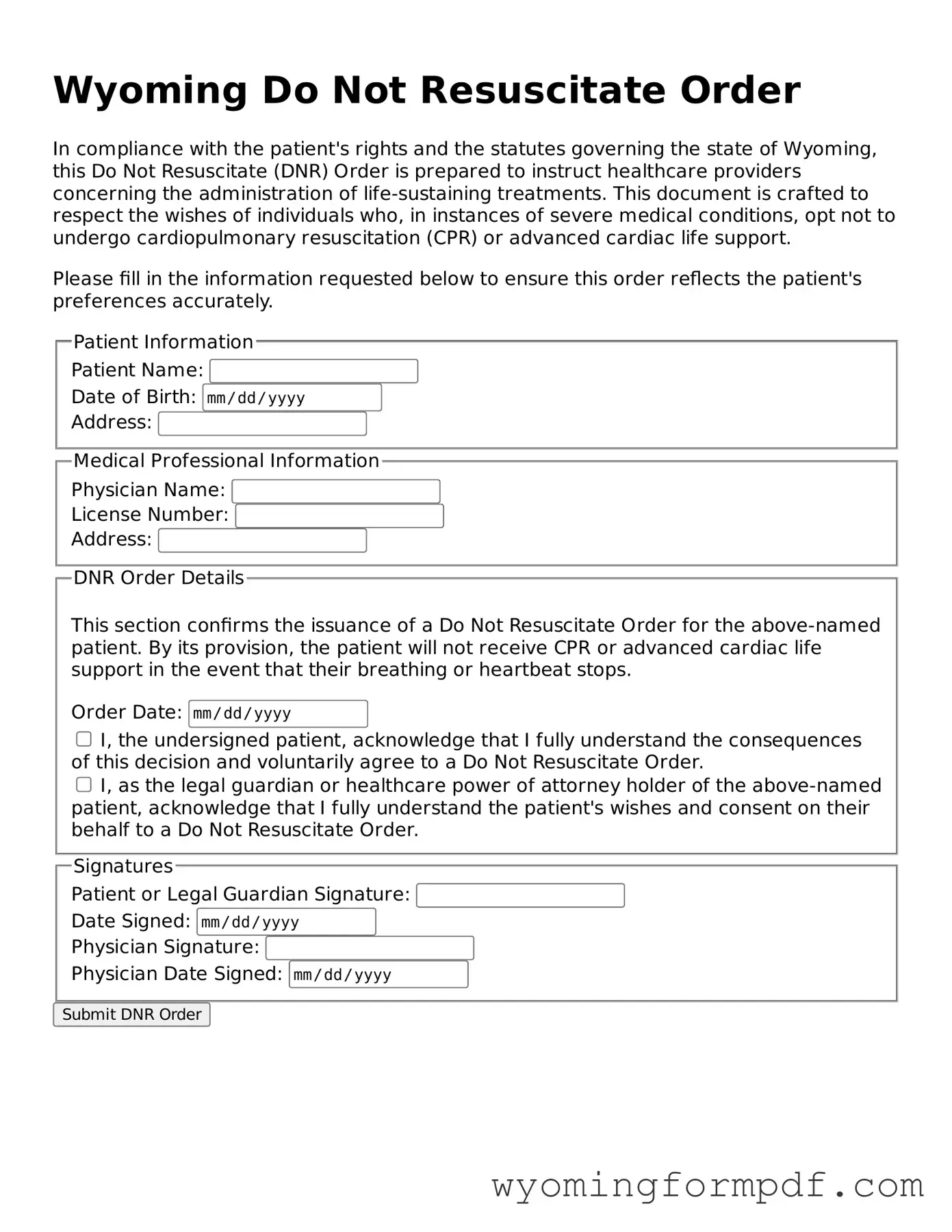 Free Do Not Resuscitate Order Form for Wyoming State