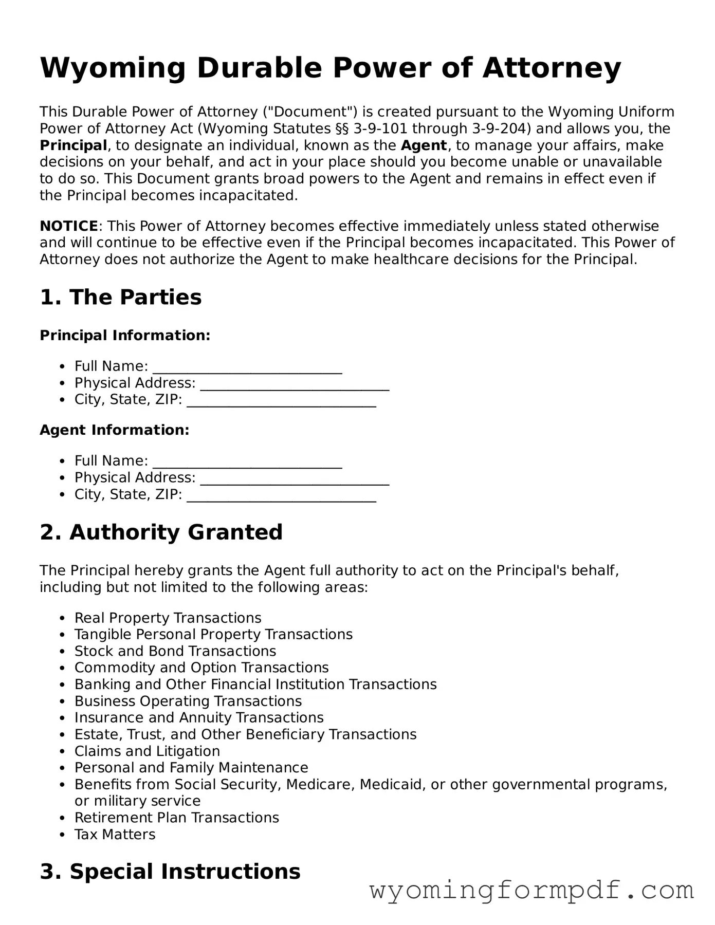 Free Durable Power of Attorney Form for Wyoming State