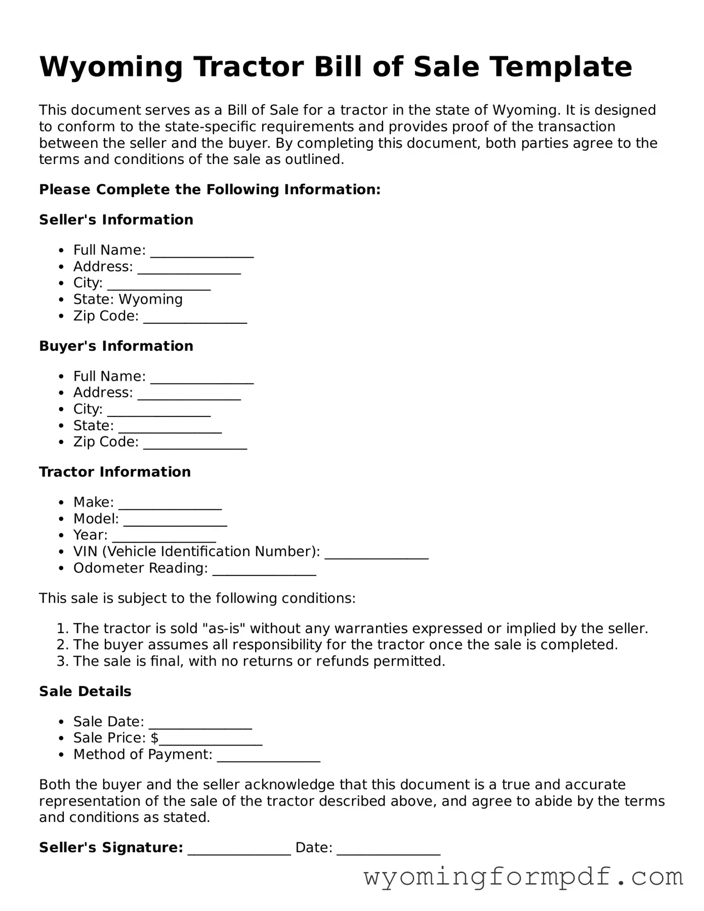 Free Tractor Bill of Sale Form for Wyoming State