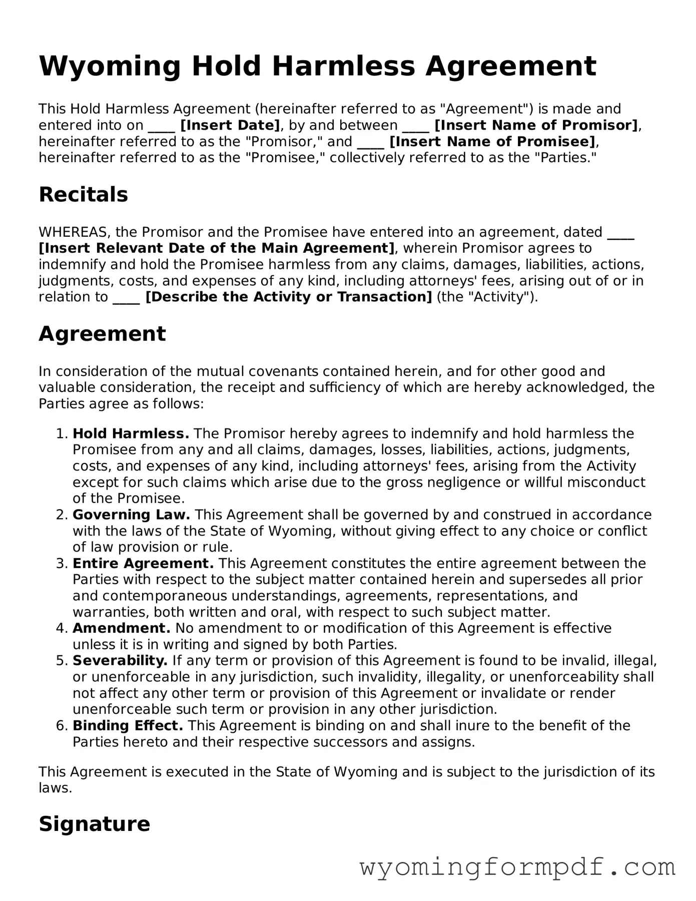 Free Hold Harmless Agreement Form for Wyoming State