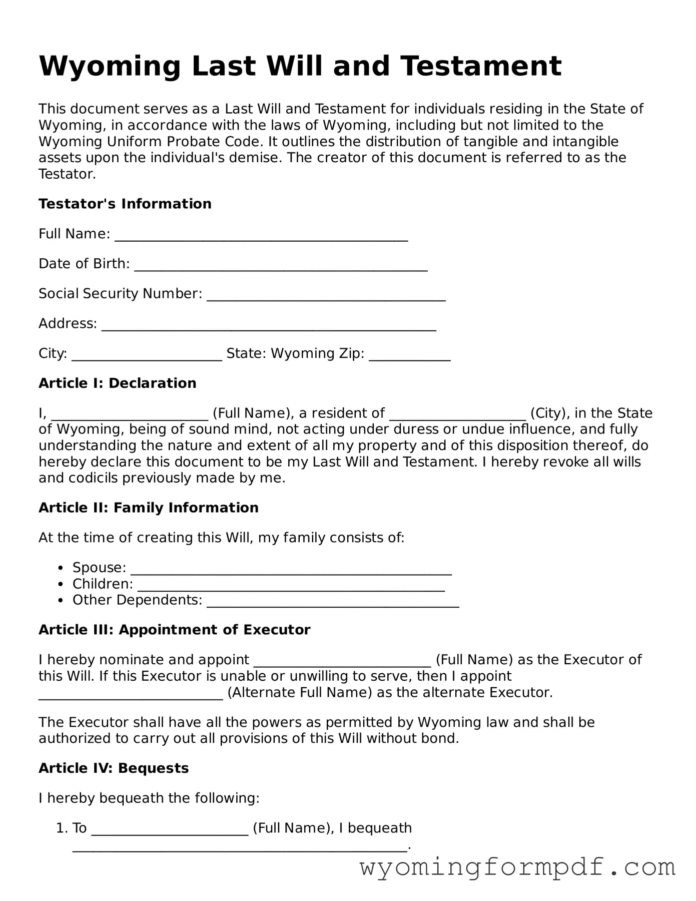 Free Last Will and Testament Form for Wyoming State