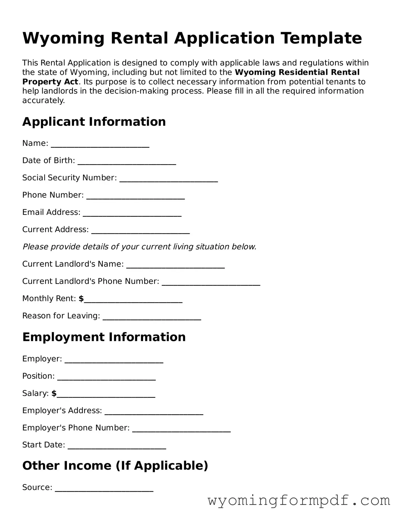 Free Rental Application Form for Wyoming State