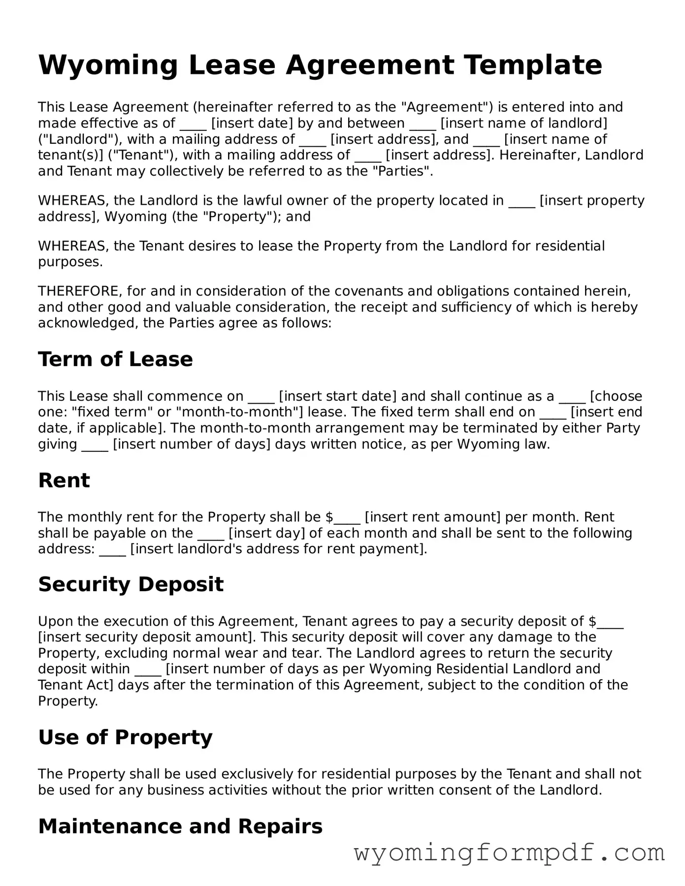 Free Lease Agreement Form for Wyoming State