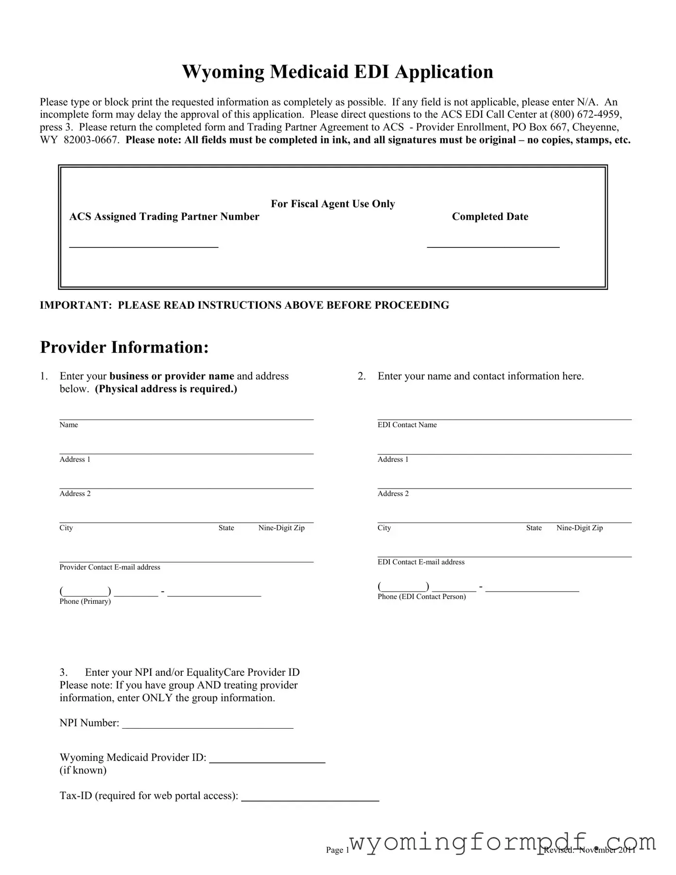 Wyoming Medicaid Edi Application Template in PDF