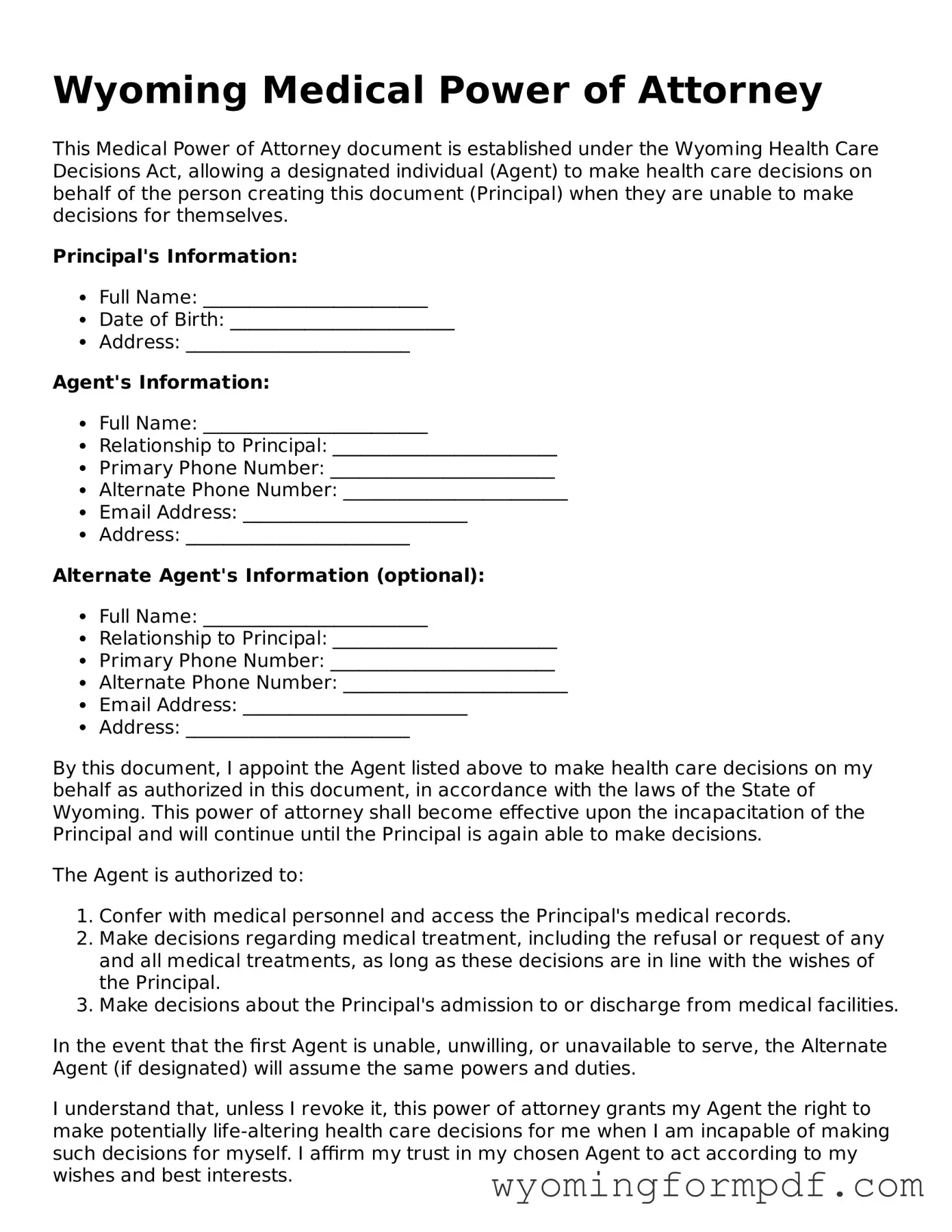 Free Medical Power of Attorney Form for Wyoming State