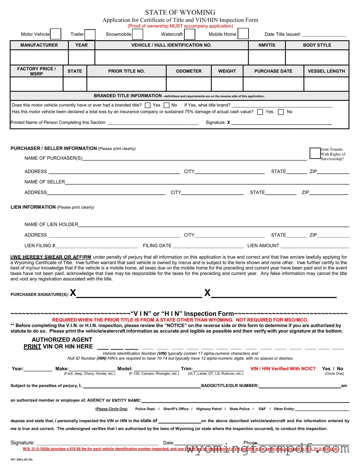 Wyoming Mv 300A Template in PDF