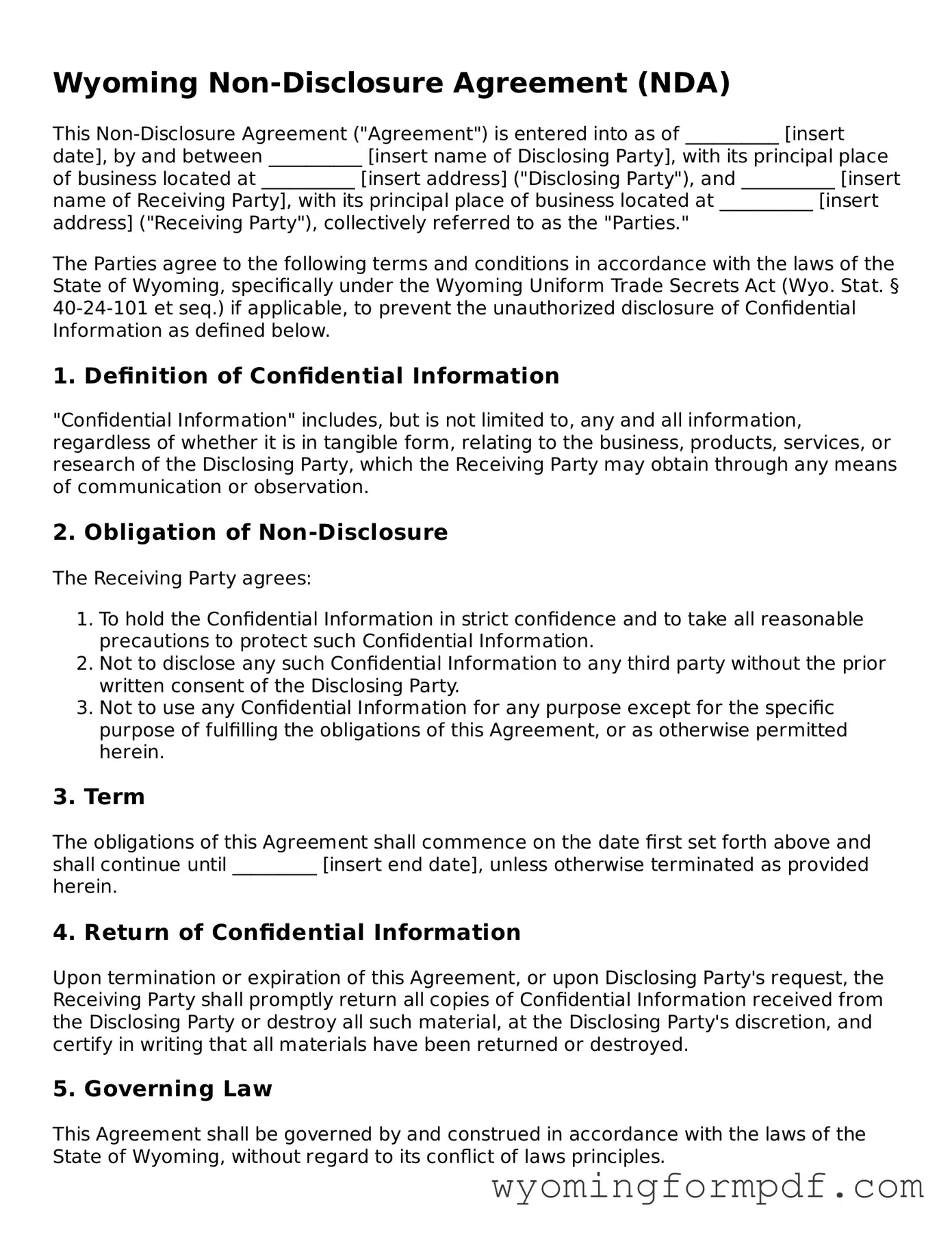 Free Non-disclosure Agreement Form for Wyoming State