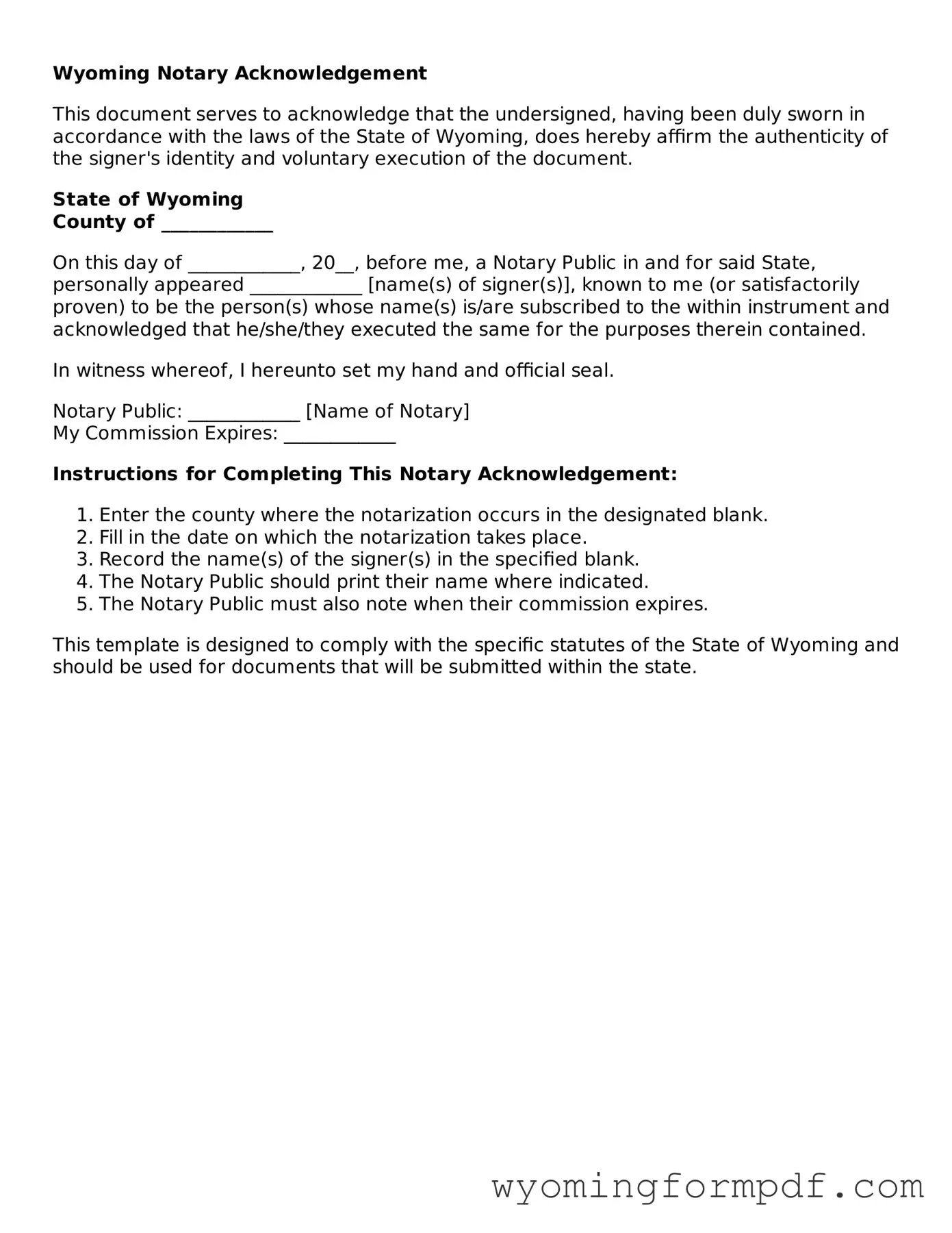 Free Notary Acknowledgement Form for Wyoming State
