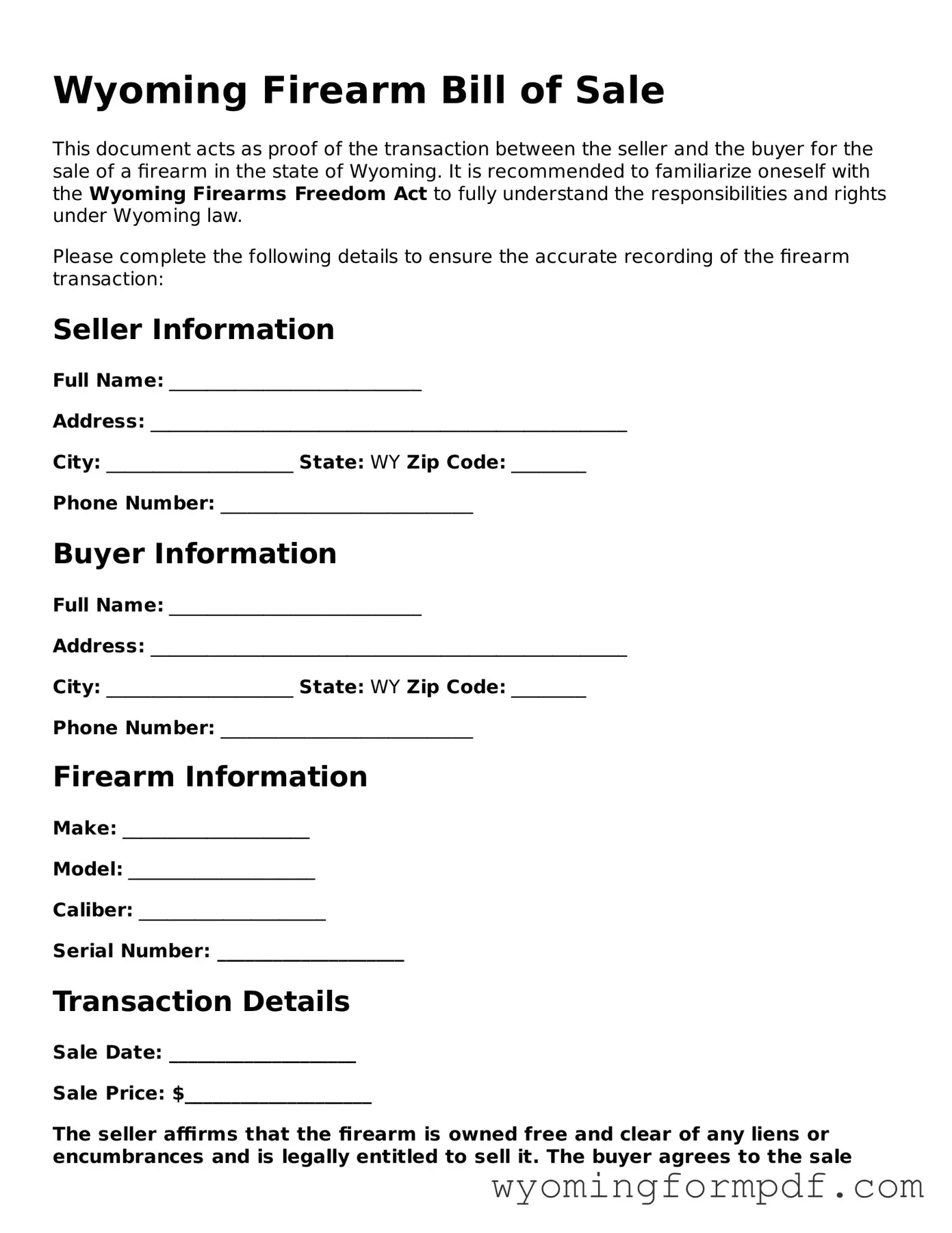 Free Firearm Bill of Sale Form for Wyoming State