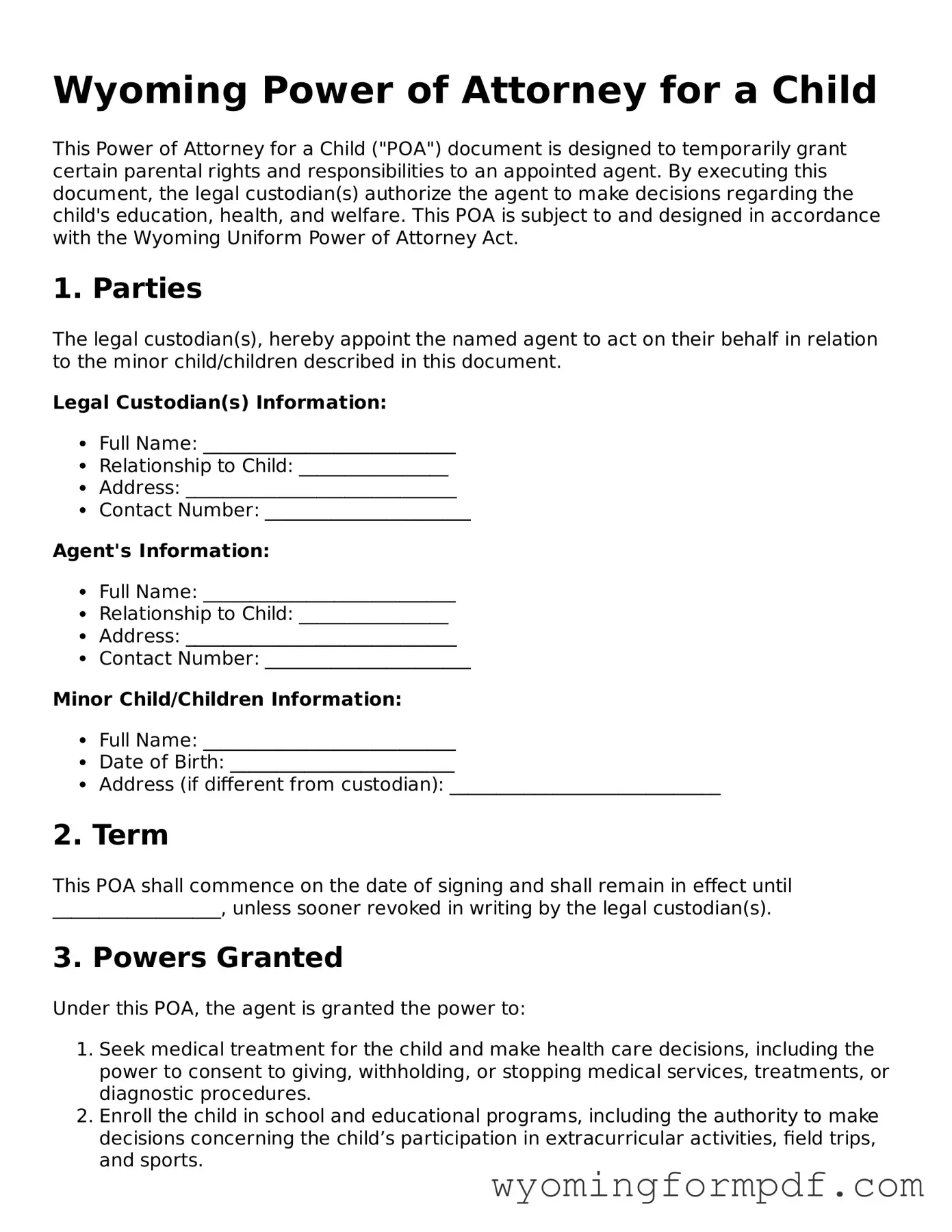 Free Power of Attorney for a Child Form for Wyoming State