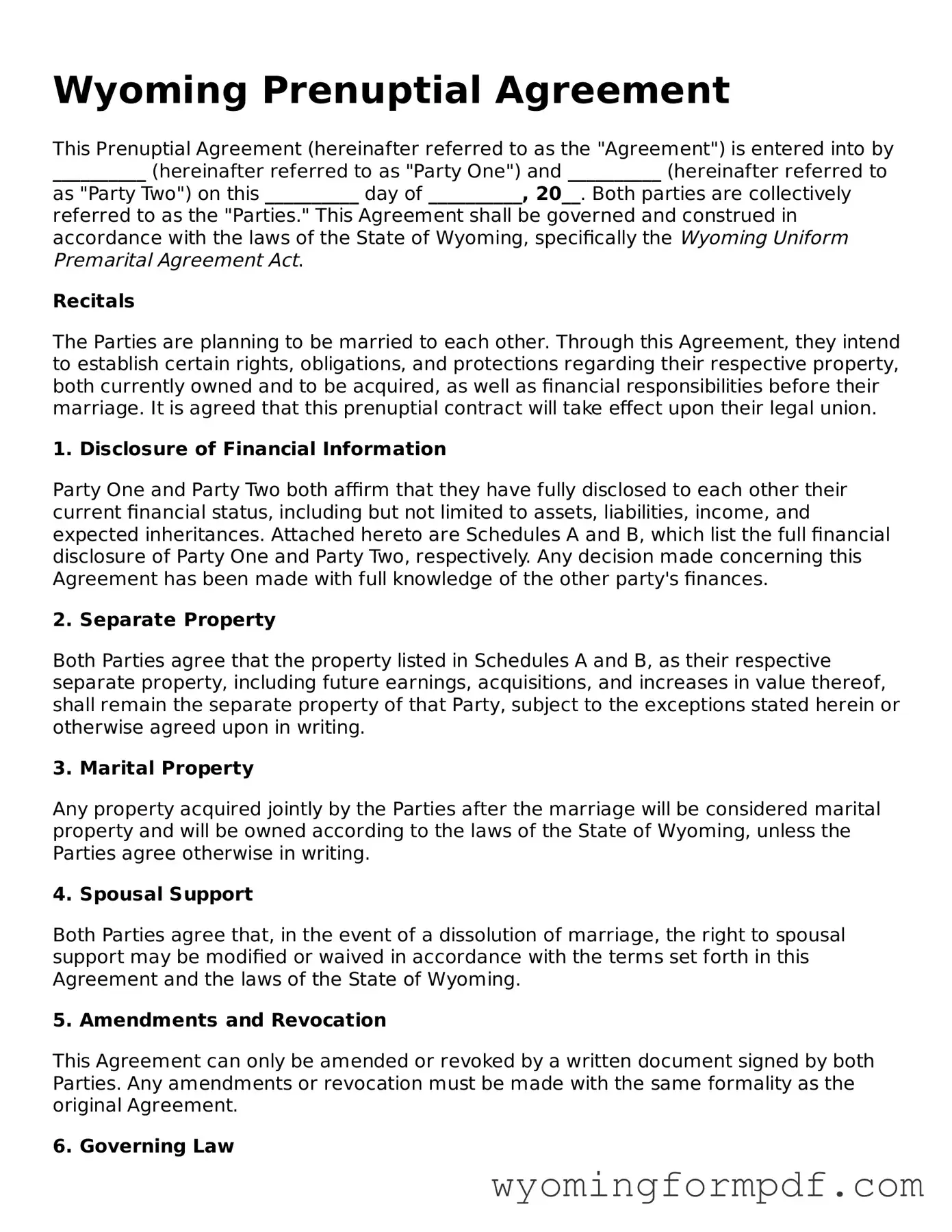 Free Prenuptial Agreement Form for Wyoming State