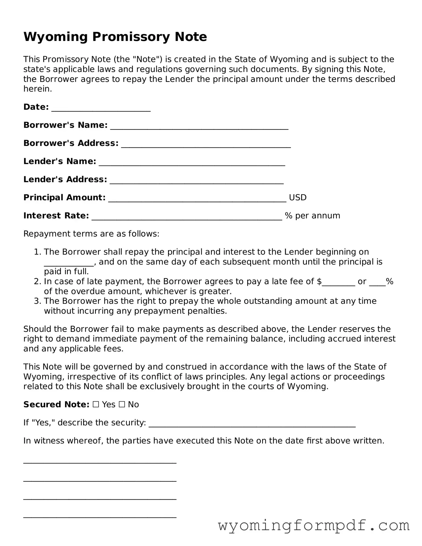 Free Promissory Note Form for Wyoming State