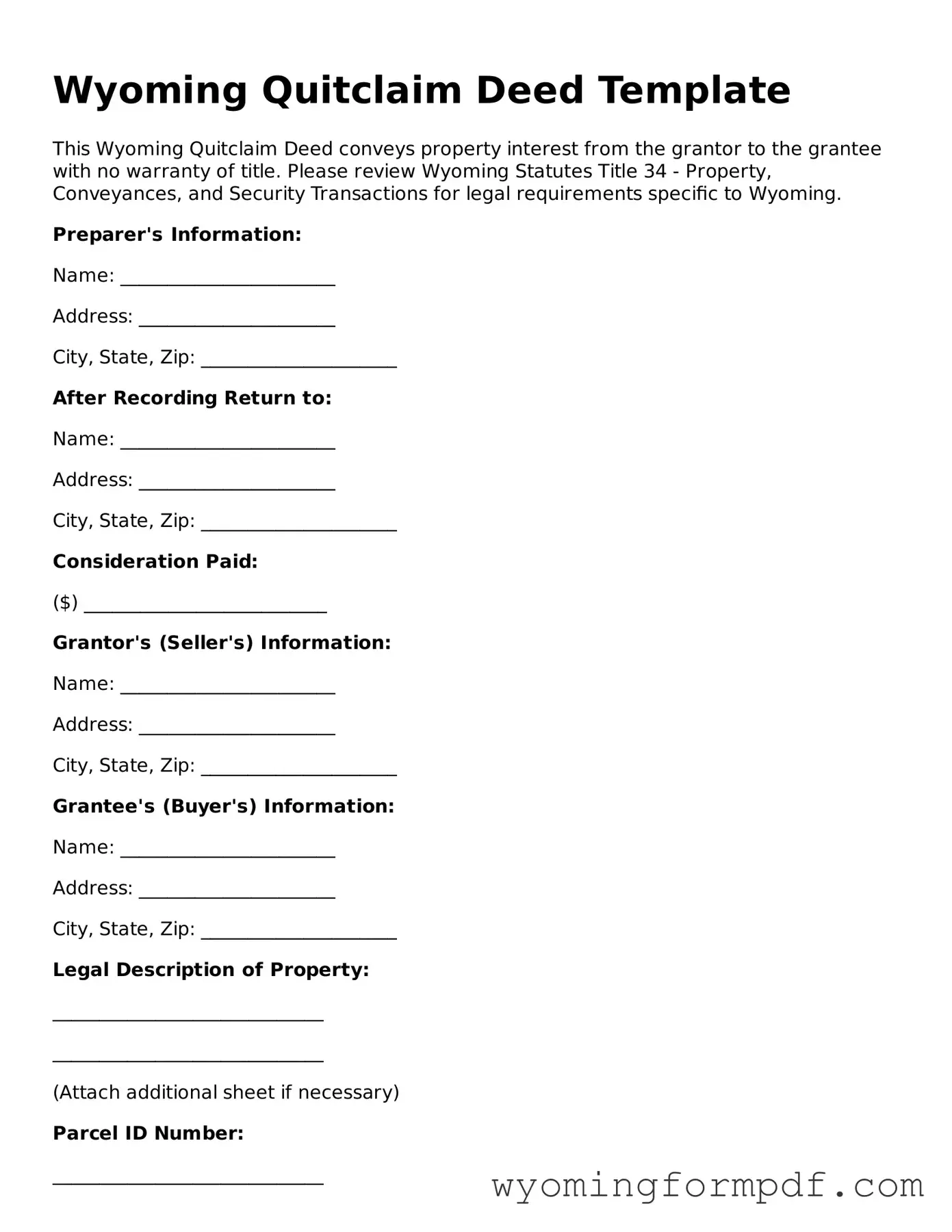 Free Quitclaim Deed Form for Wyoming State