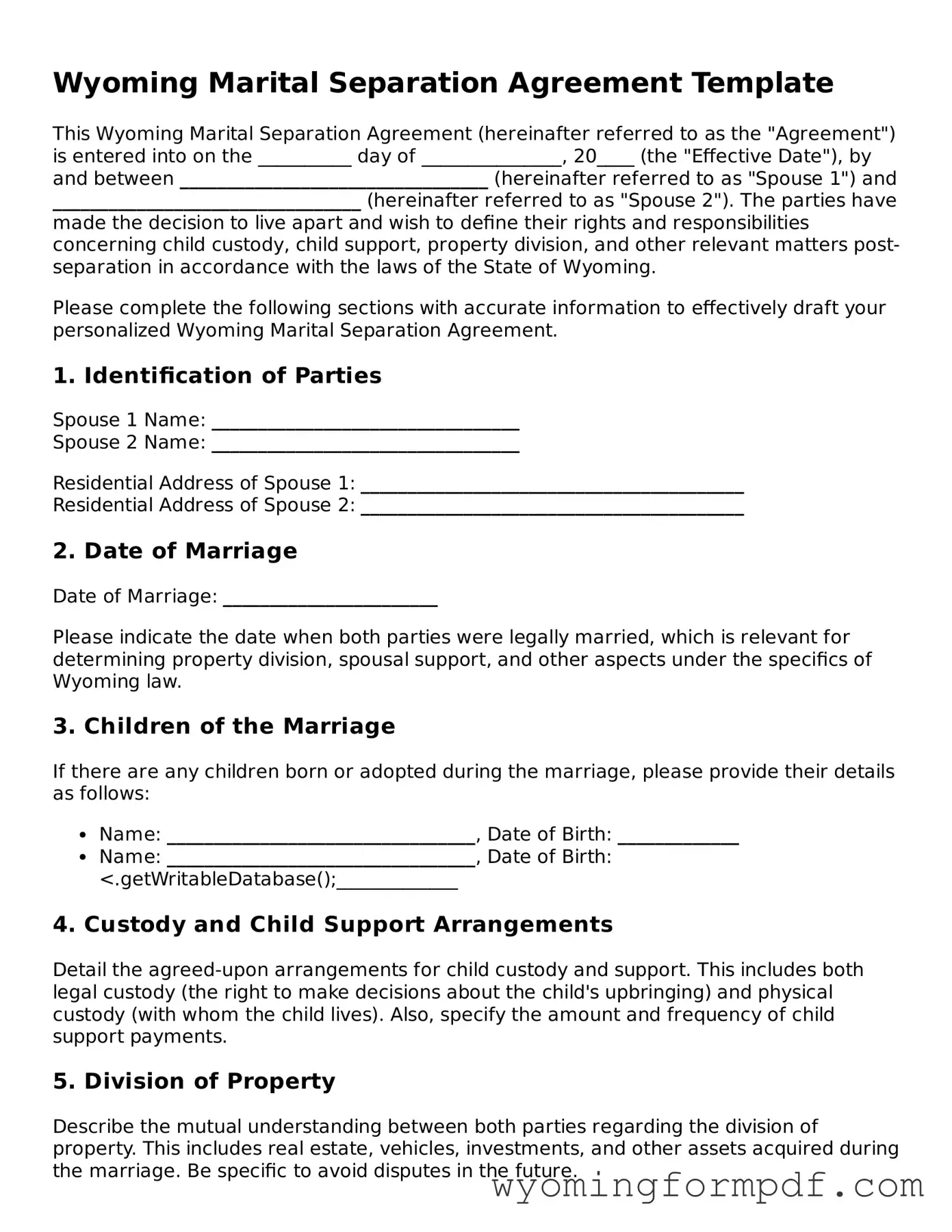 Free Marital Separation Agreement Form for Wyoming State