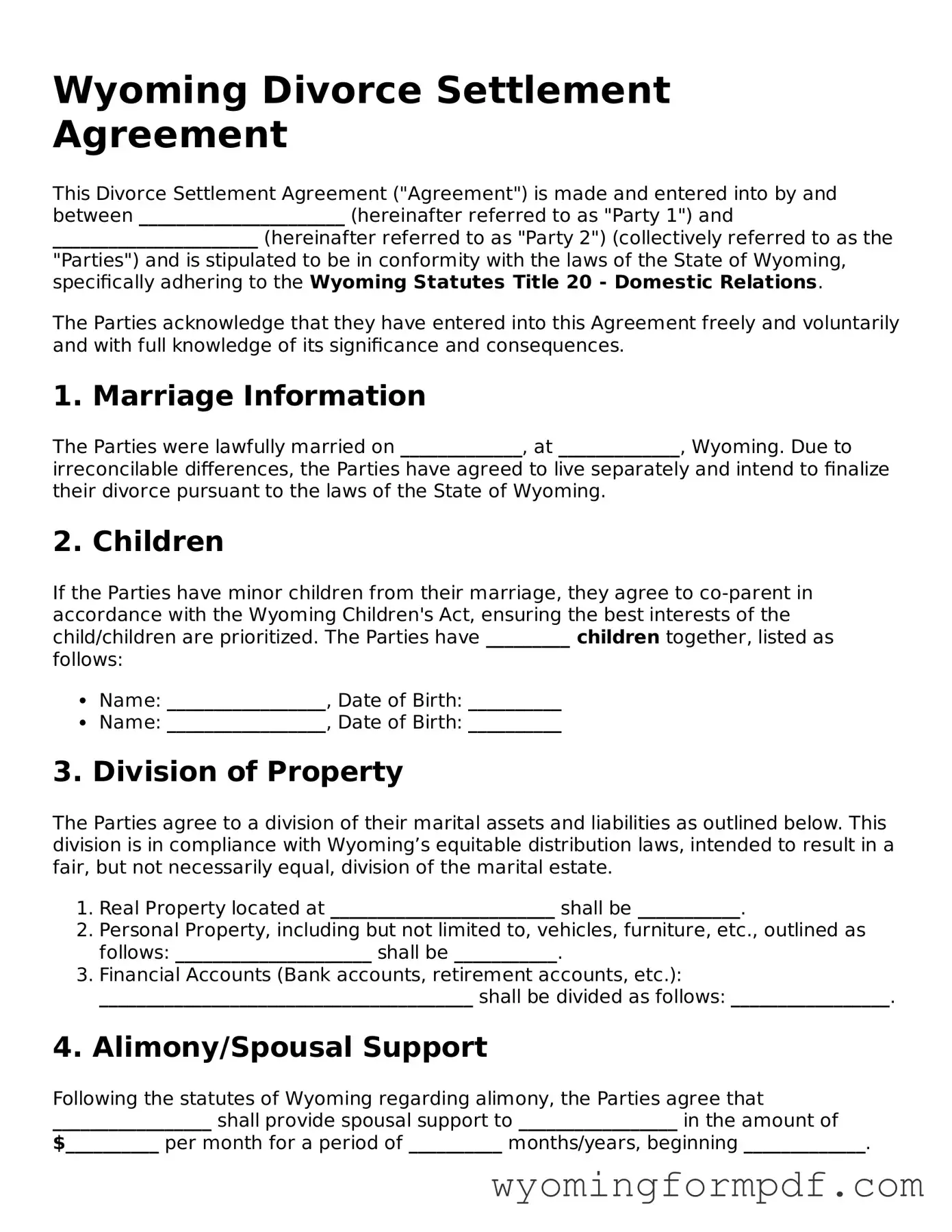 Free Divorce Settlement Agreement Form for Wyoming State