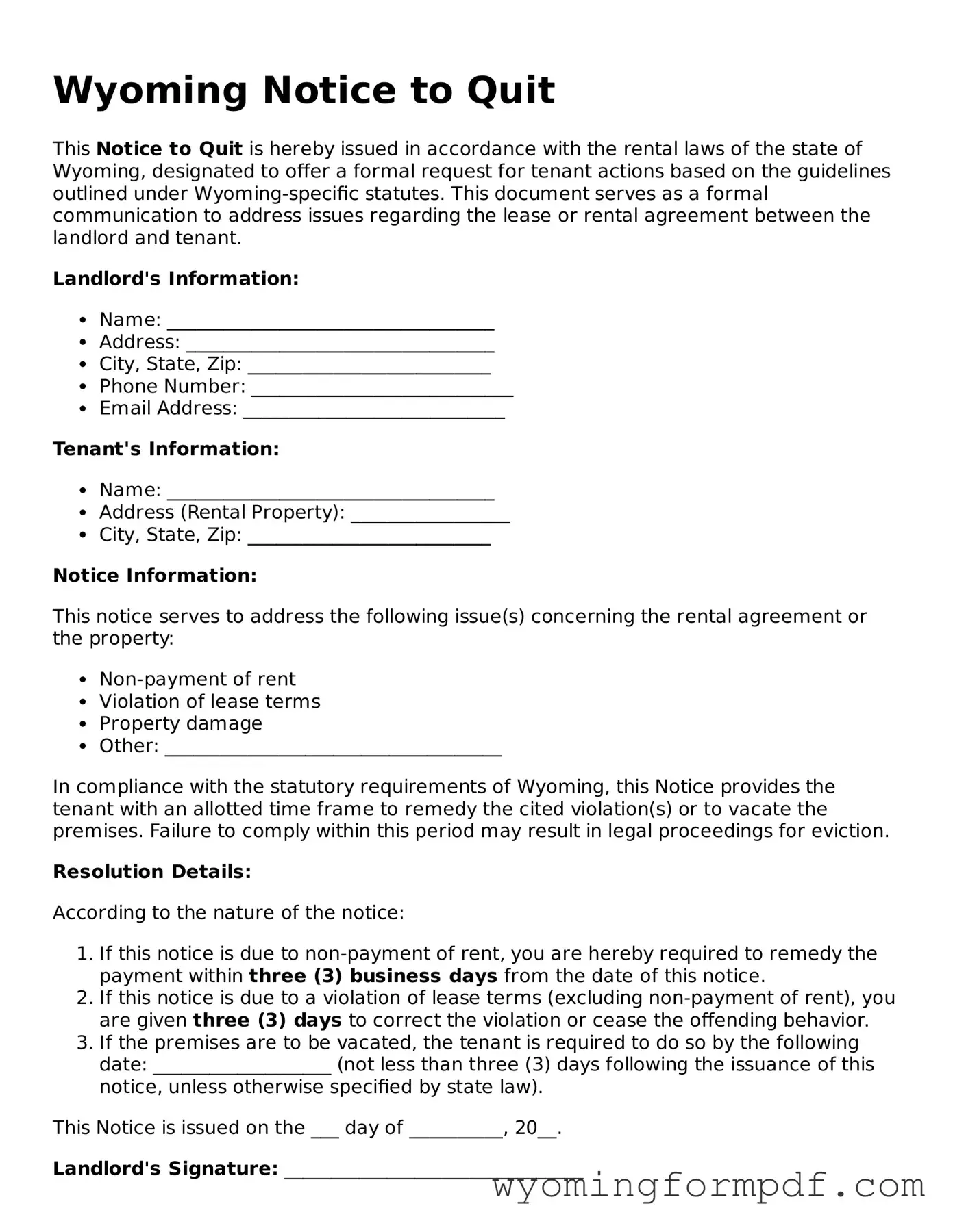 Free Notice to Quit Form for Wyoming State