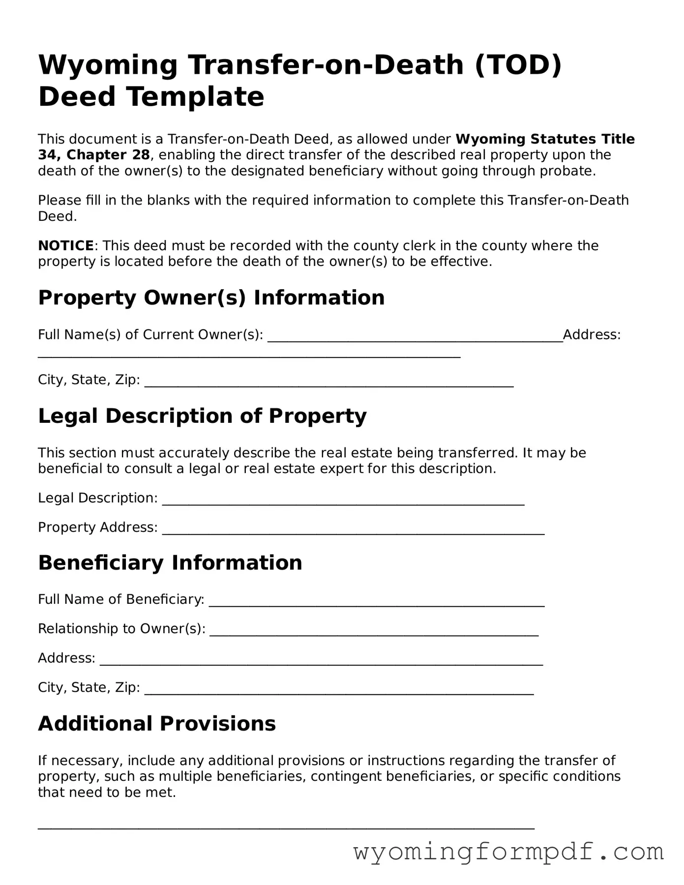 Free Transfer-on-Death Deed Form for Wyoming State