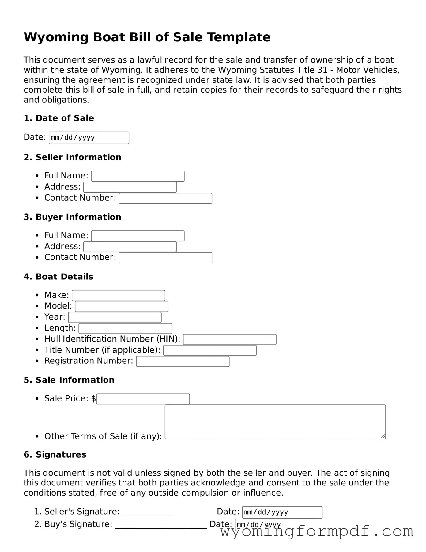 Free Boat Bill of Sale Form for Wyoming State