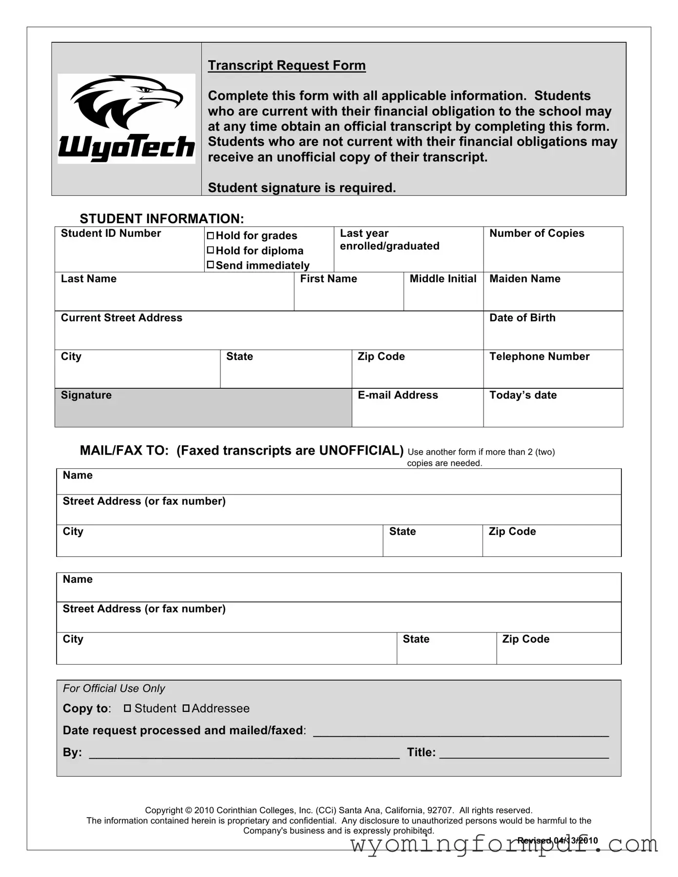 Wyotech Transcript Template in PDF